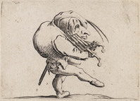 TvB G 4959
<br/>
Dwerg met bochel speelt viool op rooster ("Gebochelden")
<br/>
<em>Callot, Jacques (1592 - 1635)</em>